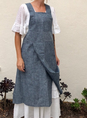 Split Leg Linen Smock Apron with Cross Back