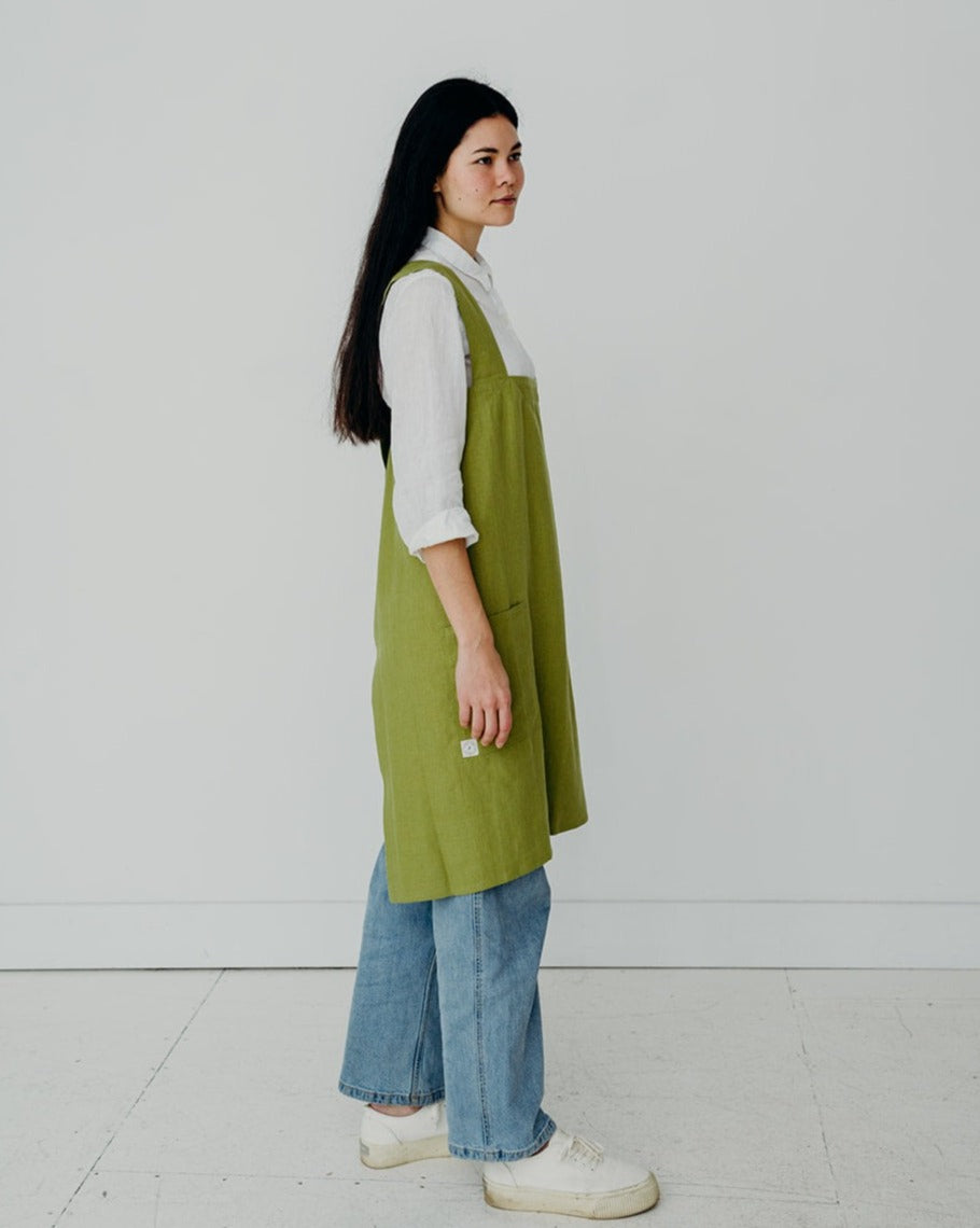 Linen No-Tie Cross Back Japanese Style Pinafore Apron with Two Pockets