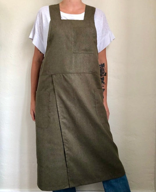 Split Leg Linen Smock Apron with Cross Back